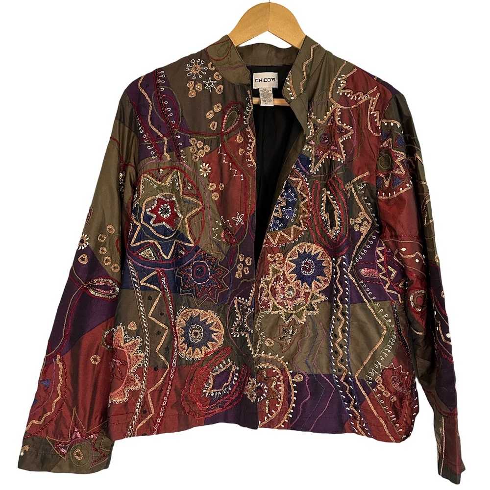 Chico’s Size 1 Jewel Tone‎ Patchwork Embroidered and Embellished Open Jacket